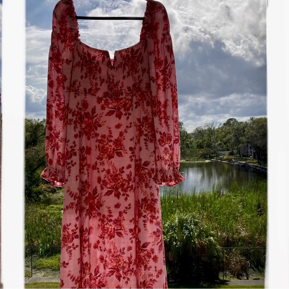 FREE People Jaymes Floral Print Square Neck Long Sleeves Midi Dress Sz M NWT